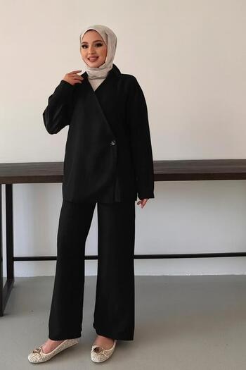 onlymoon Women's Clothing Linen Black Tunic - Pants Set ✦   Oversized V-Neck ❖   Comfortable Basic Daily Stylish Combination