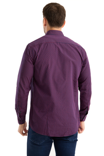 Varetta Casual Wide Fit Navy Blue Small Checkered Long Sleeve Pocketed Cotton Men's Shirt with Collar Buttons