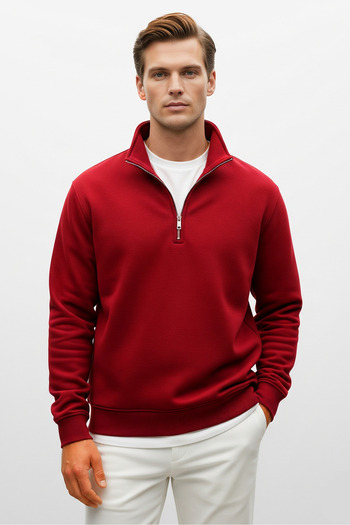 COMBİNE MİCHAİL Men's Half Zipper Loose Red Sweatshirt