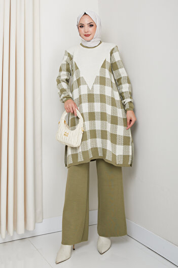 Kirazgym Plaid Pattern Steel Knit Comfortable Fit Women's Tunic and Trouser Knitwear Set