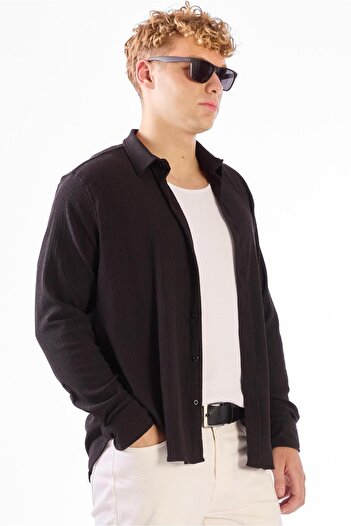 Dufy Black Seersucker Solid Color Regular Fit Men's Shirt