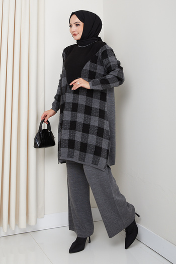 FERHEL Plaid Pattern Steel Knit Comfortable Fit Women's Tunic and Trouser Knitwear Set