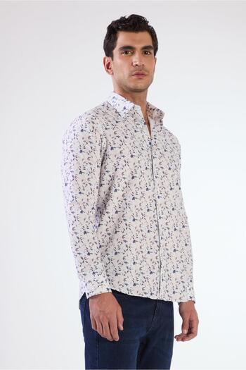 Dufy Синя чоловіча сорочка Slim Fit з квітковим візерунком, коміром Brent і довгими рукавами