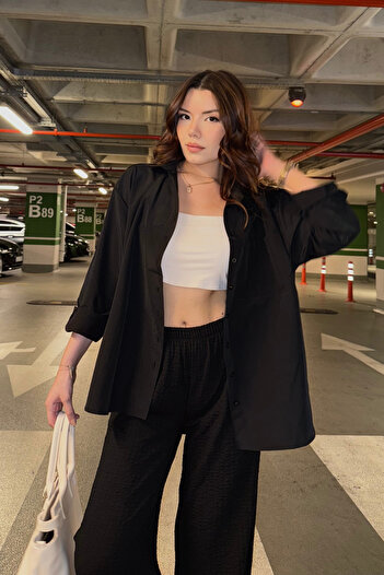 Bipantolon Women's Black Oversize Basic Pocket Detailed Poplin Long Sleeve Shirt
