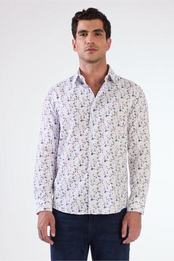 Dufy Синя чоловіча сорочка Slim Fit з квітковим візерунком, коміром Brent і довгими рукавами