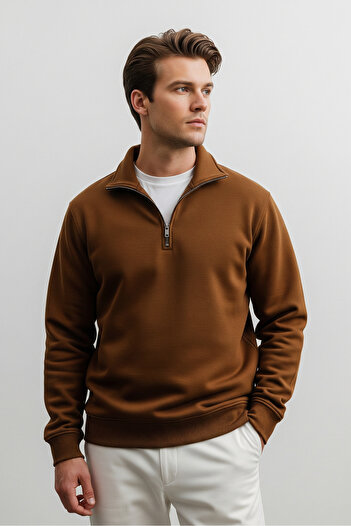 COMBİNE MİCHAİL Men's Half Zipper Loose Brown Sweatshirt