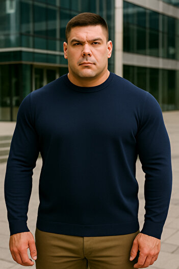 Maccali Men's Plus Size Loose Basic Navy Blue Sweat Knitwear Sweater