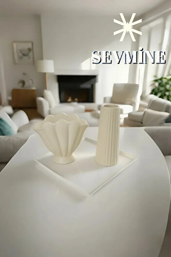 SEVMİNE ✨   Cream Duo Set of 2 Bohemian & Scandinavian Cream Vases – Striped & Oyster Shape
