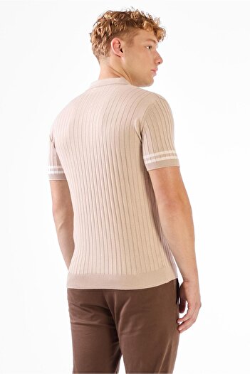 Dufy Light beige polo neck buttoned ribbed plain slim fit knitwear t-shirt