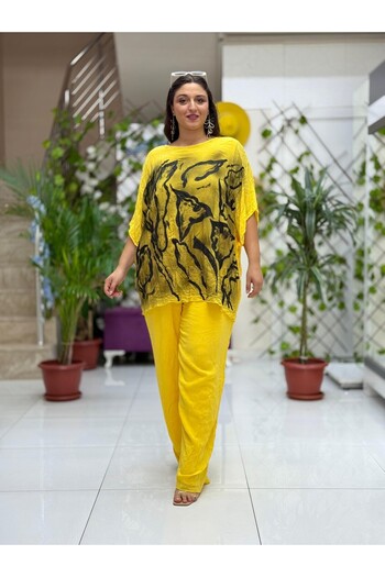 Punta Otantik Vl3009 Bat Sleeve Printed Voile Blouse Yellow