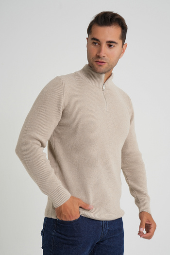 Trist Star Men's Beige Short Zip-Up Standing Collar Selanik Knitted Wool Sweater Trist-5358