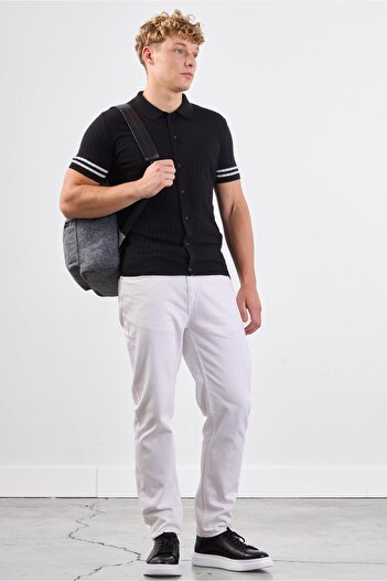 Dufy Black Polo Neck Buttoned Ribbed Solid Color Slim Fit Knitwear Tshirt
