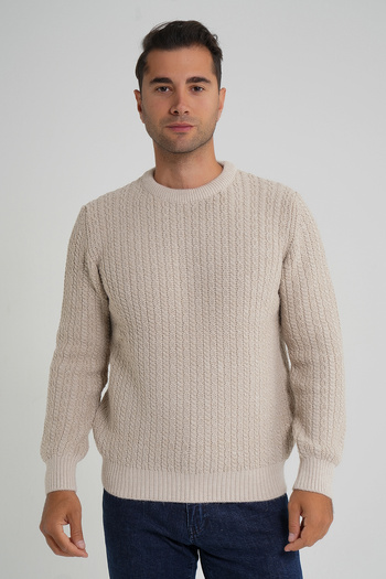 Trist Star Trist Star Men's Beige Cycling Collar Selanik Hair Braided Wool Sweater Trist-5352