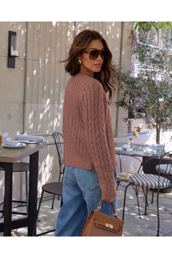 citystyle Women's Patterned Hair Knit Blouse and Buttoned Cardigan Two-Piece Set Combination Cinnamon