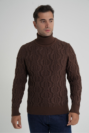 Trist Star Men's Brown Fisherman Hair Braided Wool Sweater Trist-5354