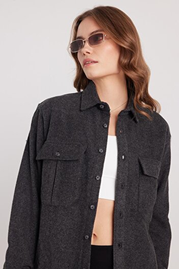 Tudors Women's Relax Fit Comfortable Cut Lumberjack Double Pocket Buttoned Gray Plain Winter Shirt