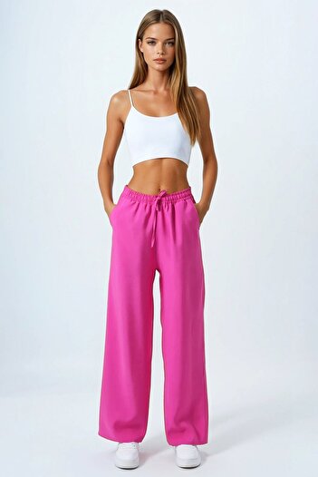 VAGGON Women's Pink Lace-Up Elastic Waist Palazzo Pants Vs00837