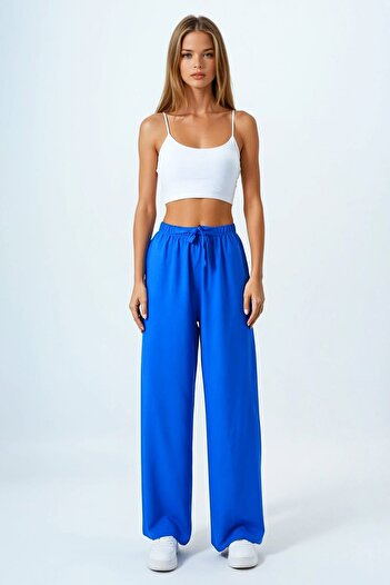VAGGON Women's Saks Lace-Up Elastic Waist Palazzo Pants Vs00837