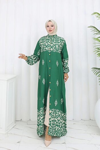 MSK Fashion Buttoned All-Over Ethnic Pattern Dress Green
