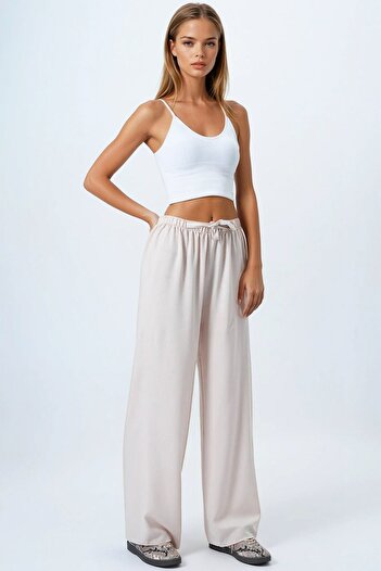 VAGGON Women's Beige Lace-Up Elastic Waist Palazzo Pants Vs00837