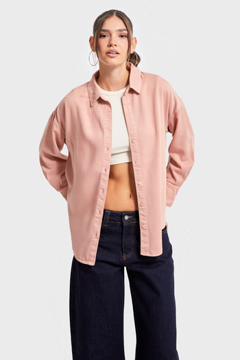 its basic Γυναικείο πουκάμισο Oversize από οργανικό βαμβάκι υφασμάτινο βισκόζη σε χρώμα πούδρα 6s5-21