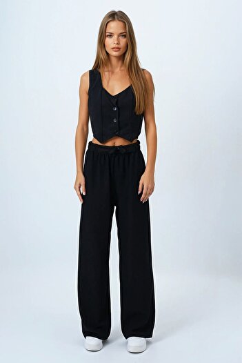 VAGGON Women's Black Lace-Up Elastic Waist Palazzo Pants Vs00837