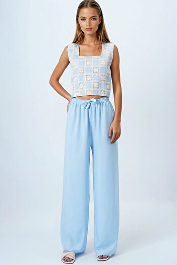 VAGGON Women's Baby Blue Lace-Up Elastic Waist Palazzo Pants Vs00837