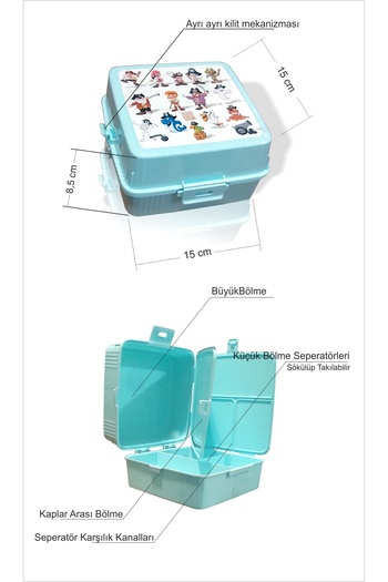 M3DECORİUM Two 2 Pieces Large 15X15 cm Multi-Compartment School Children's Lunch Meal Storage Container Box Plate