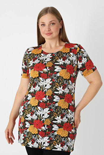 İntensive Khaki Patterned Short Sleeve Women's Plus Size Cotton T-Shirt