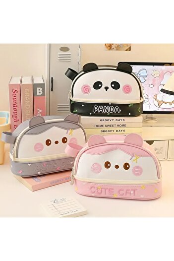 GlassySKY Cute Grey Cat Large Capacity Faux Leather Pencil Case Pen Holder Stationery School Office Material