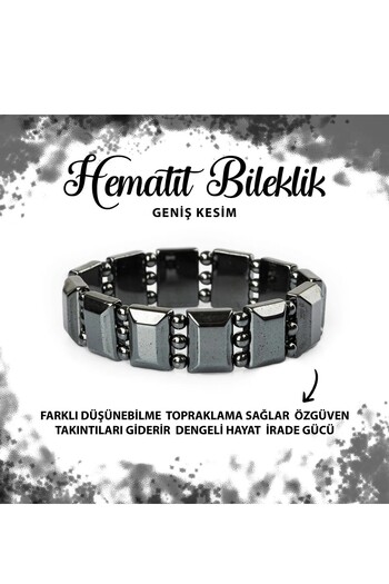 Deniz Doğal Taş Certified Hematite Natural Stone Special Cut Wide Cut Bracelet