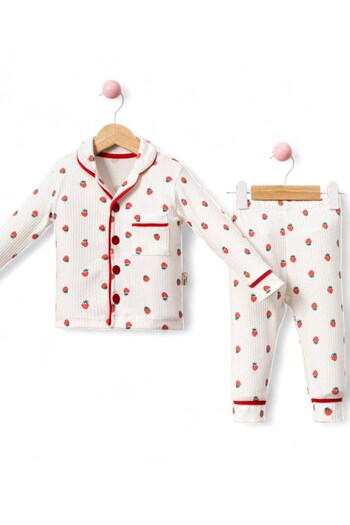 VOY KİDS Girl's Strawberry Printed Double Breasted Collar Buttoned Seasonal Nightgown Pajama Set 0-6 Years