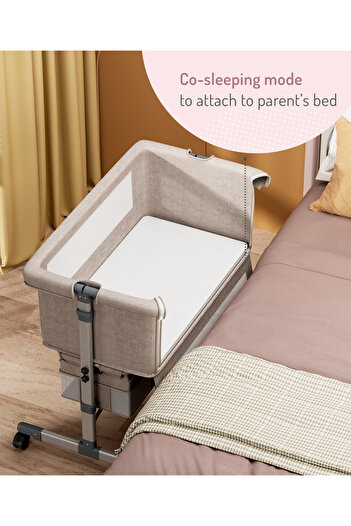 Bonfino Regal Crib & Bedside Bassinet, Adjustable 6-Level Heights, 0 Months+, 90 x 90 x 75cm - Khaki