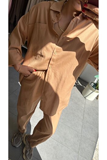 floral fashıon Women's Washable Gabardine Shirt & Carrot Pants Set Oversize Fit Relaxed Cut