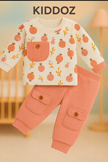 Uğur bebe Nafitto 100% Cotton Waffle Fabric Baby Set with Patterned Top with Shoulder Snaps and Pocket Covers