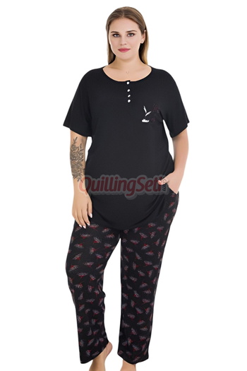 quilling Black Color and Floral Pattern 11016 Short Sleeve Women Plus Size Mom Pajamas Set