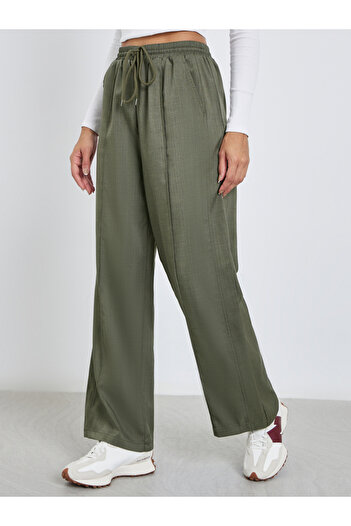 Styli Khaki Linen Look Wide Leg Pants with Pintuck