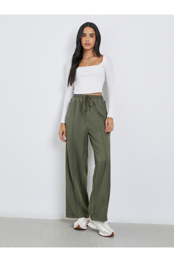 Styli Khaki Linen Look Wide Leg Pants with Pintuck