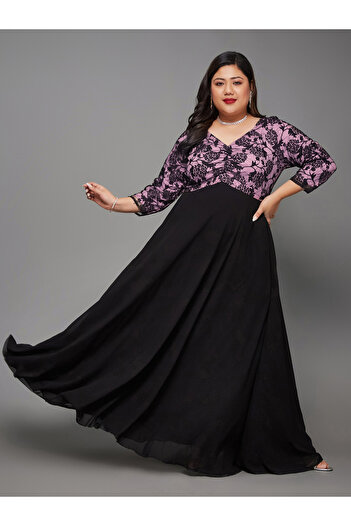 Miss Chase By Styli Plus Size Black Lace Insert Maxi Dress