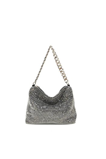 womenacs Platinum Colored Small Size Diamond Stone Evening Dress Clutch with Chain Strap Handheld Wedding Engagement Evening Bag
