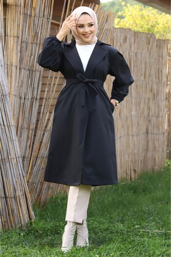 MY QILAM Number 10 Fashion Women's Waist-Tied Black Balloon Sleeve Trench Standard Size (between 38/44)