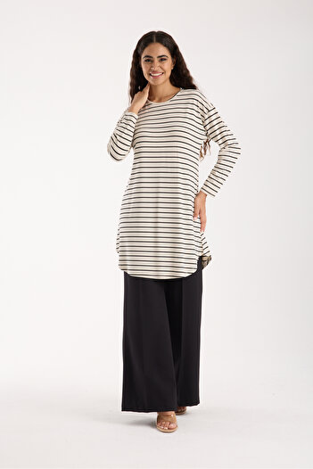 MODA VUSLAT Women's Stone Color Striped Long Sleeve Tunic