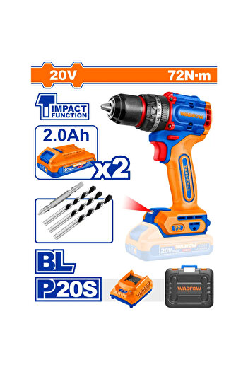 WADFOW 20V 72Nm Brushless Cordless Drill with 2 Batteries + Charger - WADFOW WCDP7281 (Product includes 2 batteries and charger)