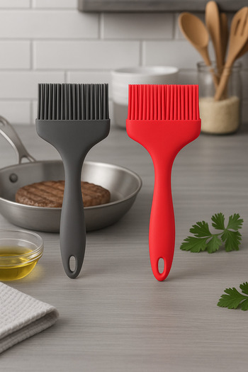 BRE HOME Heat-Resistant Silicone Basting and Sauce Brush Set of 2 - Red Gray Wide Mouth, Non-Stick Basting