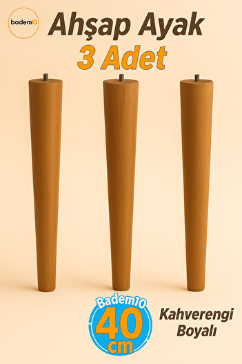 Badem10 40 cm 3-Piece (with Connection Apparatus) Brown Painted Natural Wooden Cylinder Coffee Table Pouf Table Leg Feet