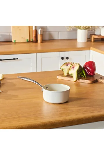 Karaca Swiss Crystal Almond Cream Non-Stick Induction Stainless Steel Handle Sauce Pan, 14cm, Cream