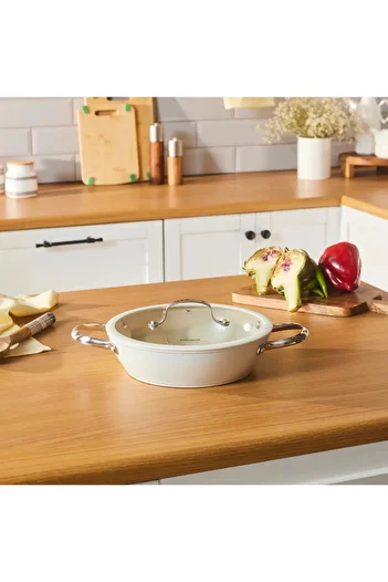 Karaca Swiss Crystal Almond Cream Non-Stick Induction Stainless Steel Handle Shallow Casserole & Lid, 26cm