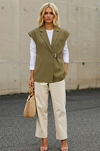 Trendyol Modest Buckle KHaki Woven Fabric Double Breasted Vest - TCTAW25YL00004