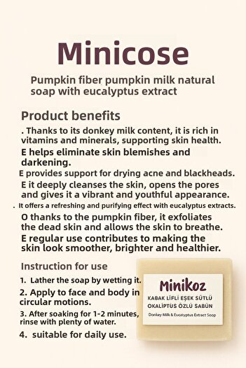 Minikoz Natural Soap with Pumpkin Fiber, Donkey Milk and Eucalyptus Extract - 120 Gr