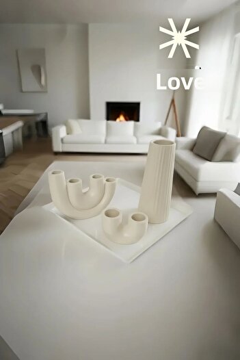 SEVMİNE ✨   Cream Lines Set of 3 Striped Vase & Candle Holder - Nordic Bohemian Cream Desktop Decor